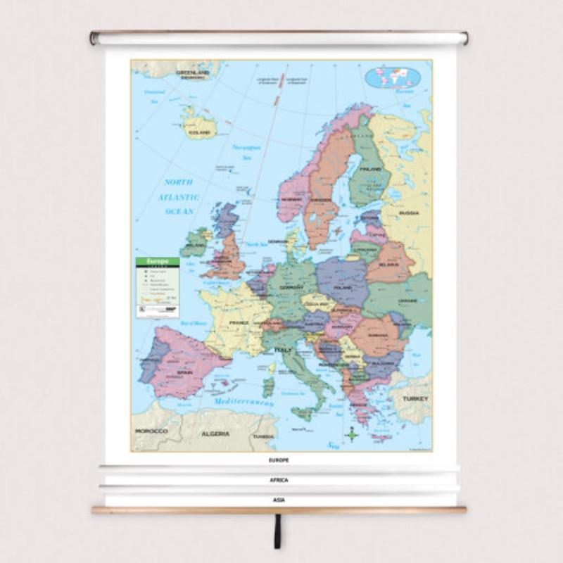 Picture of The Map Shop KA-COMBO-3-EHEM-PRMRY-bb3 3-Map Eastern Hemisphere Primary Spring Roller Set with Backboard - 54 x 90 in. Full height