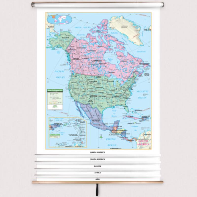Picture of The Map Shop KA-COMBO-5-CONT-PRMRY-bb5 5-Map Primary Continent Spring Roller Set with Backboard - 54 x 94 in. Full height
