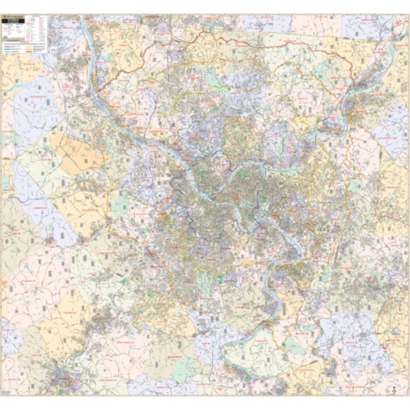 KA-C-PA-PITTSBURGH-lam-rails-walnut Pittsburgh, PA Wall Map, Laminated with Rails - Walnut Molding - 78.5 x 73.5 in.