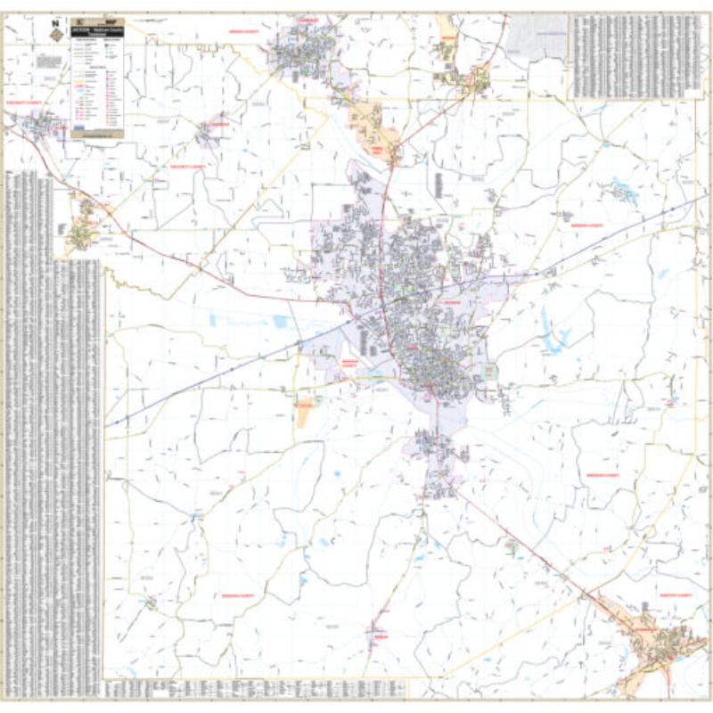 KA-C-TN-JACKSON-lam-rails-black Jackson, Madison County, TN Wall Map, Laminated with Rails - Black Molding - 56 x 57.5 in.