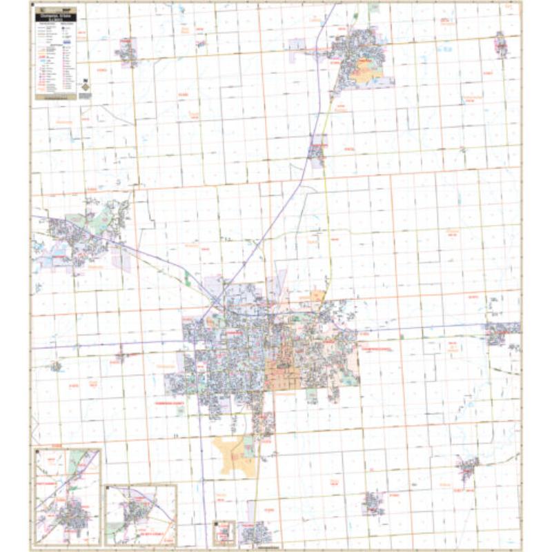 KA-C-IL-CHAMPAIGN-lam-rails-walnut Champaign-Urbana, IL Wall Map, Laminated with Rails - Walnut Molding - 54 x 60 in.