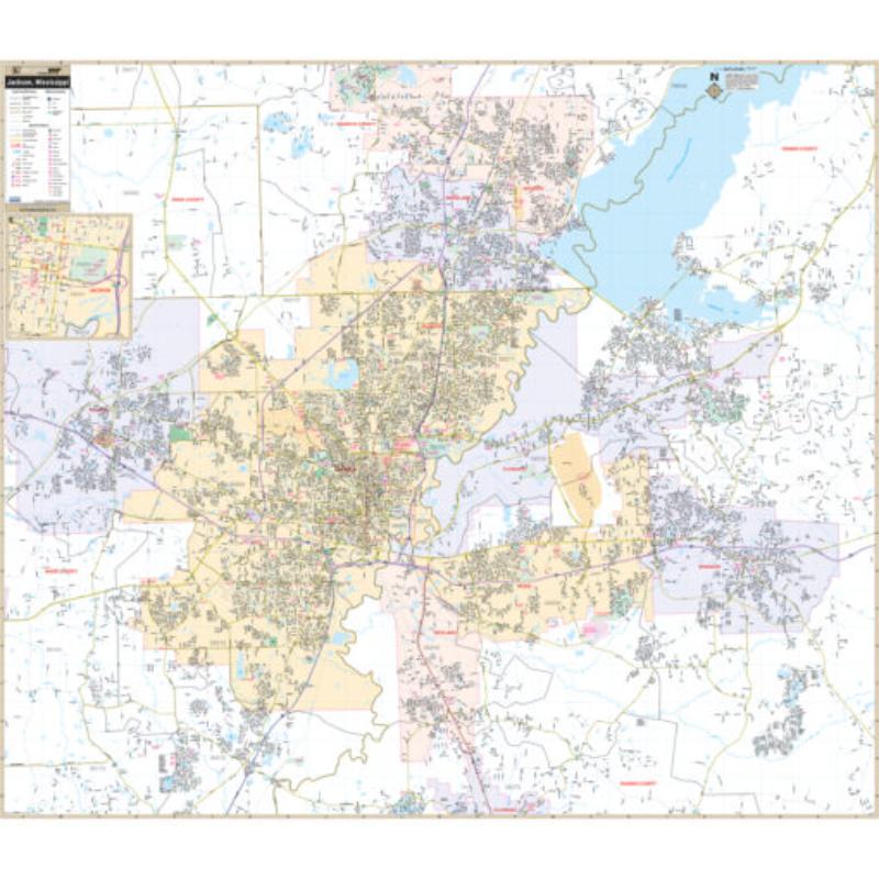 KA-C-MS-JACKSON-springroller-sr Jackson, MS Wall Map, Laminated - Spring Roller - Published 2002 - 60 x 52 in.