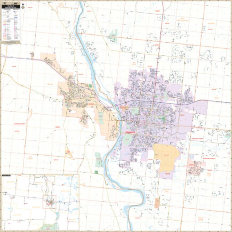 KA-C-ND-BISMARCK-springroller-sr Bismarck & Mandan, ND Wall Map, Laminated - Spring Roller - Published 2015 - 54 x 54 in.