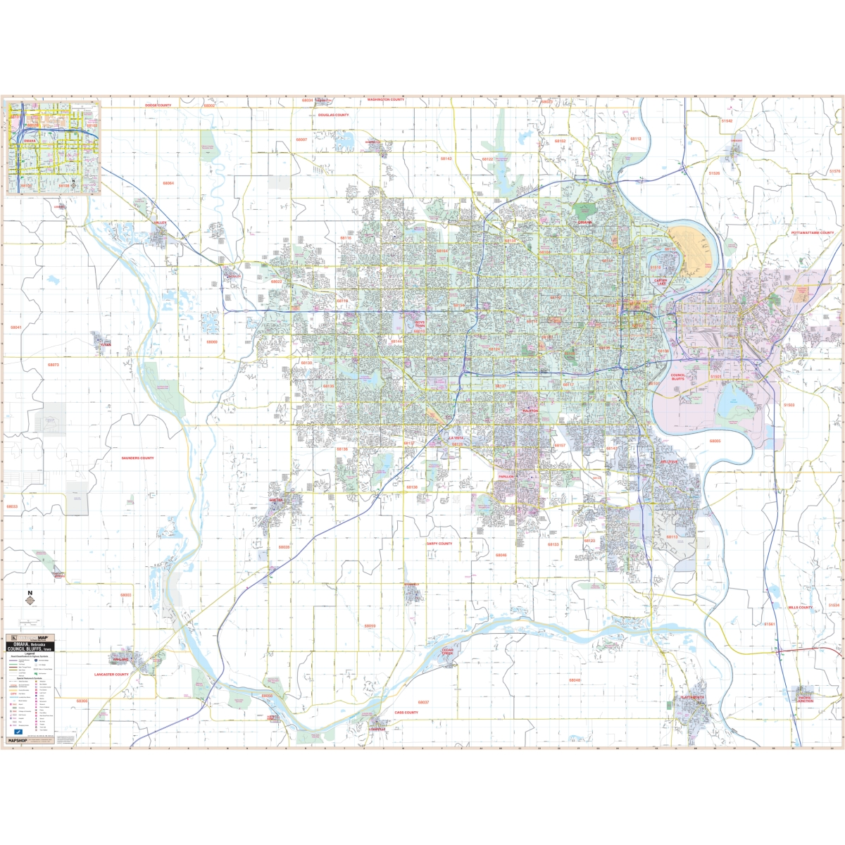 KA-C-NE-OMAHA-springroller-sr Omaha, NE & Council Bluffs, IA Wall Map - 73 x 57 in.