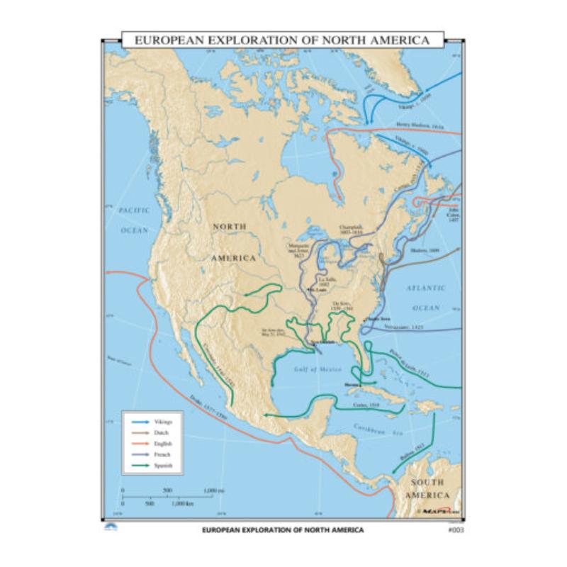 KA-HIST-003-springroller-sr No.003 European Exploration of North America Map, Laminated - Spring Roller - Published 2005 - 36 x 49.75 in.