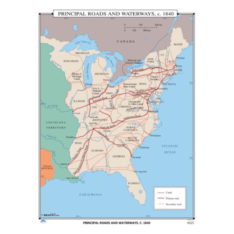 KA-HIST-025-springroller-sr No.025 Principal Roads & Waterways, 1840 Map, Laminated - Spring Roller - Published 2005 - 36 x 49.75 in.