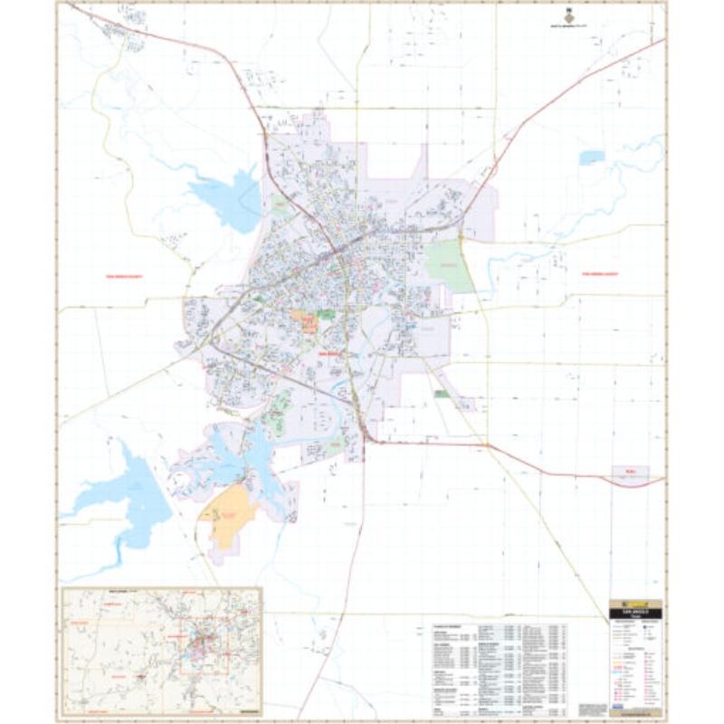 KA-C-TX-SANANGELO-lam-rails-walnut San Angelo, TX Wall Map, Laminated with Rails - Walnut Molding - 51.5 x 60.5 in.