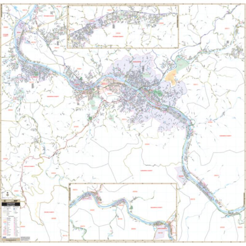 KA-C-WV-CHARLESTON-lam-rails-walnut Charleston, WV Wall Map, Laminated with Rails - Walnut Molding - 55.25 x 54 in.