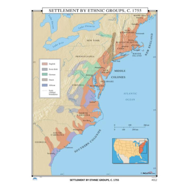 KA-HIST-012-springroller-sr No.012 Settlement by Ethnic Groups, 1755 Map, Laminated - Spring Roller - Published 2005 - 36 x 49.75 in.