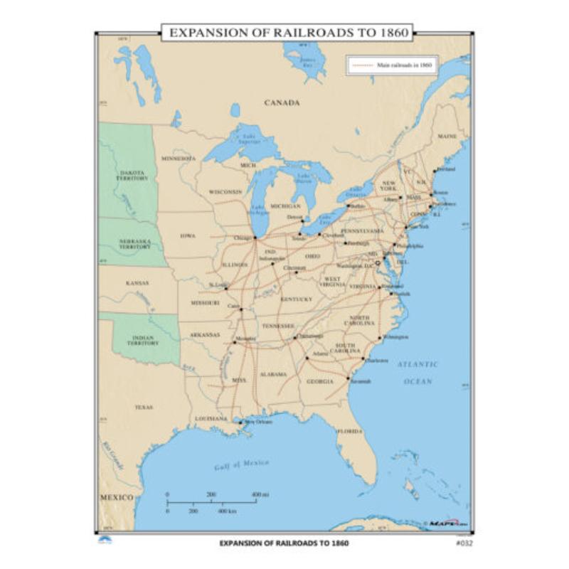 KA-HIST-032-springroller-sr No.032 Expansion of Railroads to 1860 Map, Laminated - Spring Roller - Published 2005 - 36 x 49.75 in.