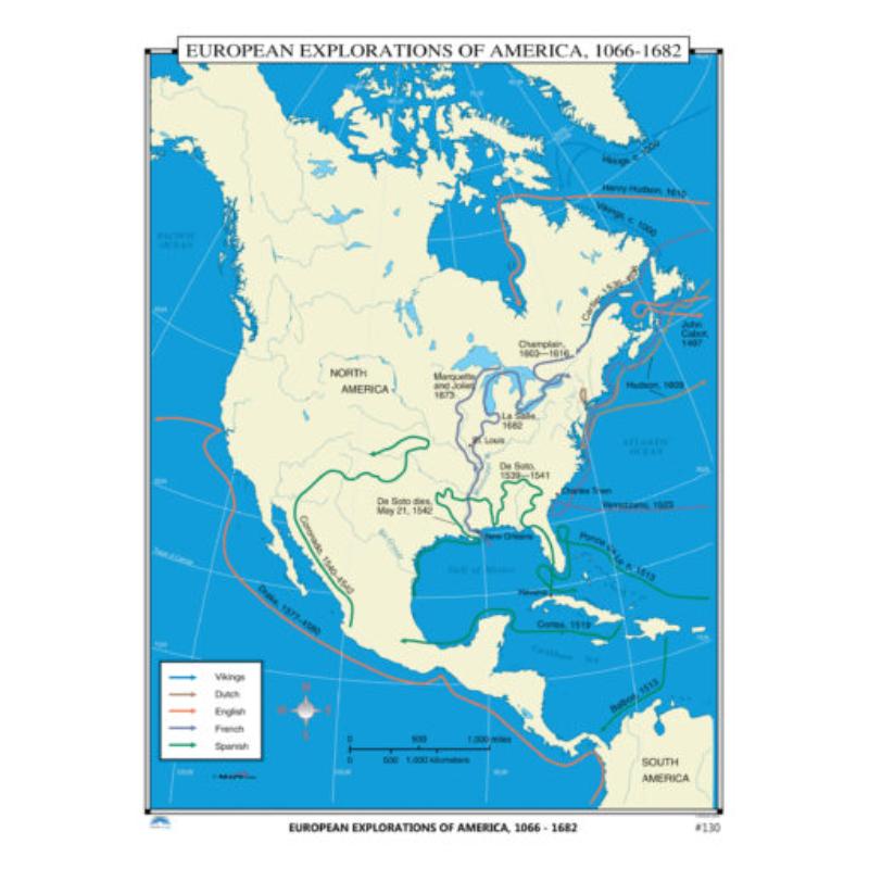 No.130 European Explorations of North America 1066-1682 Map, Laminated - Spring Roller - Published 2005 - 36 x 49.75 in.
