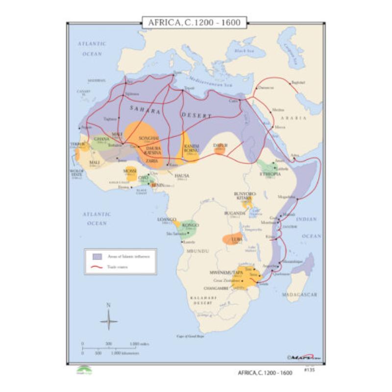 KA-HIST-135-springroller-sr No.135 Africa, 1200-1600 Map, Laminated - Spring Roller - Published 2005 - 36 x 49.75 in.