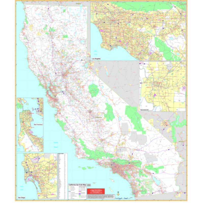 KA-S-CA-ZIP-springroller-sr California State Wall Map with Zip Codes Map, Laminated - Spring Roller - Published 2005 - 52 x 60 in.