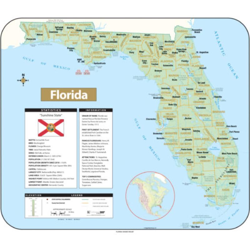 KA-S-FL-SHR-49x42-lam-rails-black Florida Shaded Relief State Wall Map, Laminated with Rails - Black Molding - 49 x 42 in.