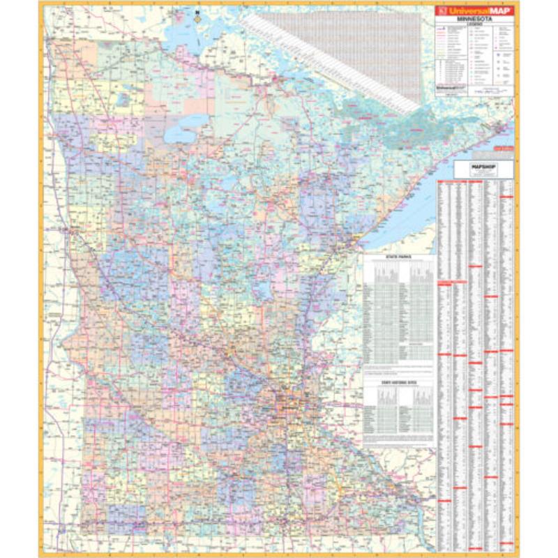 KA-S-MN-WALL-lam-rails-black Minnesota State Wall Map, Laminated with Rails - Black Molding - 54 x 62 in.
