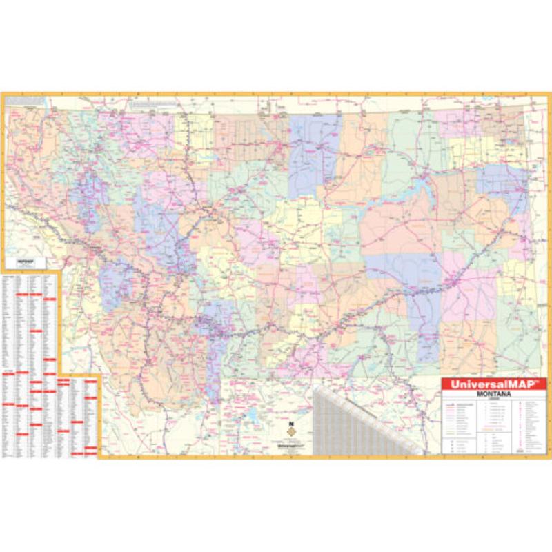 KA-S-MT-WALL-lam-rails-black Montana State Wall Map, Laminated with Rails - Black Molding - 62 x 42 in.