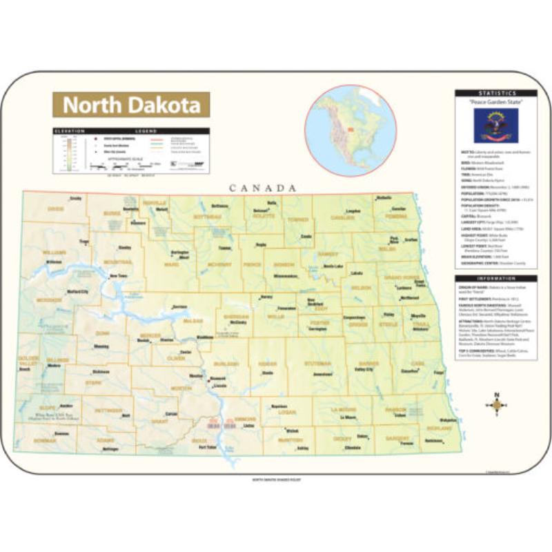 KA-S-ND-SHR-63x47-springroller-sr North Dakota Shaded Relief State Wall Map, Laminated - Spring Roller - Published 2016 - 63 x 47.5 in.