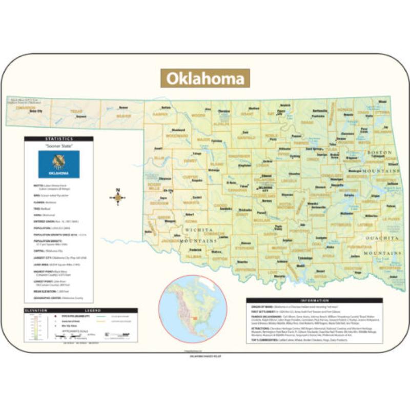 KA-S-OK-SHR-63x47-springroller-sr Oklahoma Shaded Relief State Wall Map, Laminated - Spring Roller - Published 2016 - 63 x 47.5 in.