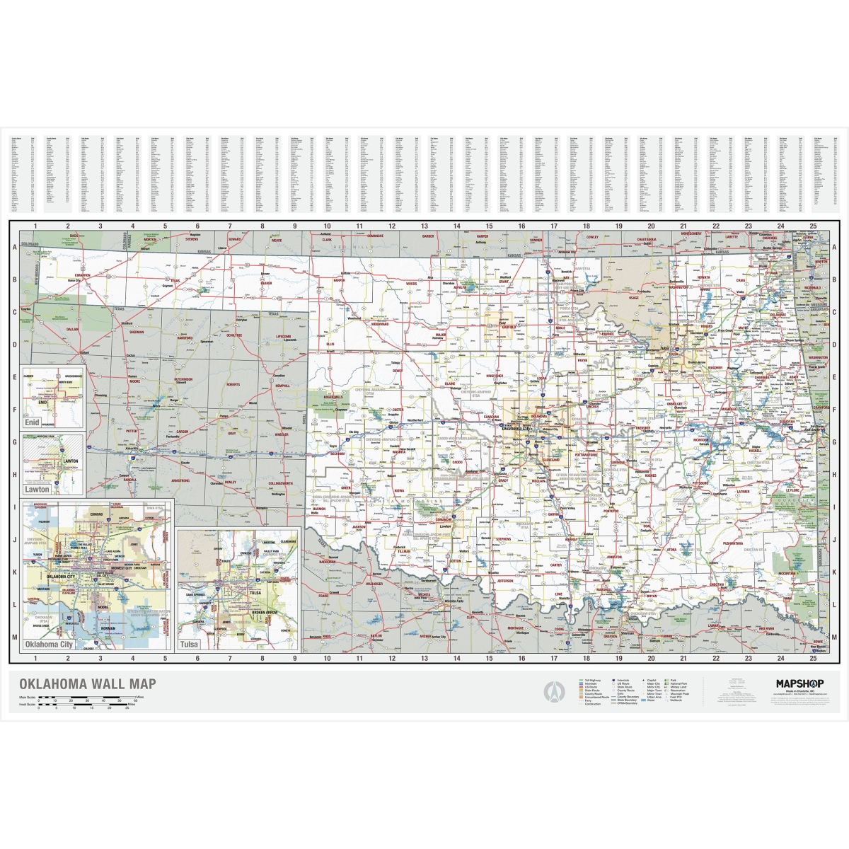 KA-S-OK-WALL-lam-rails-walnut Oklahoma State Wall Map, Laminated with Rails - Walnut Molding - Published 2022 - 69 x 41 in.