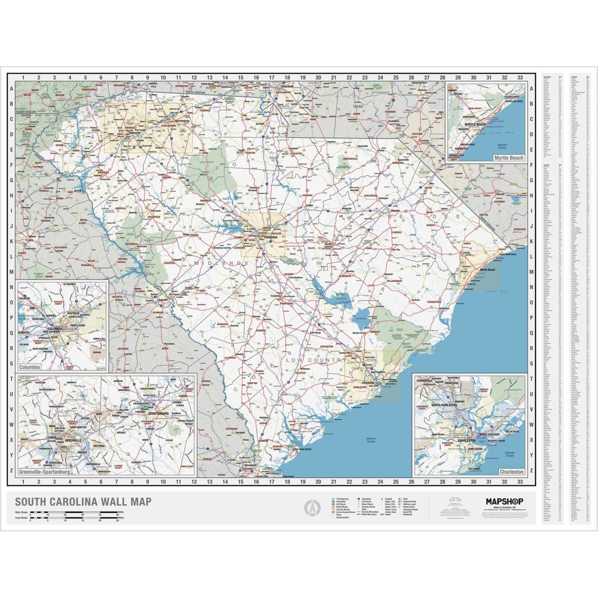 KA-S-SC-WALL-lam-rails-walnut South Carolina State Wall Map, Laminated with Rails - Walnut Molding - Published 2022 - 62 x 42 in.