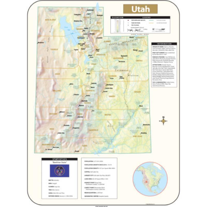 KA-S-UT-SHR-42x56-lam-rails-black Utah Shaded Relief State Wall Map, Laminated with Rails - Black Molding - 42 x 56 in.