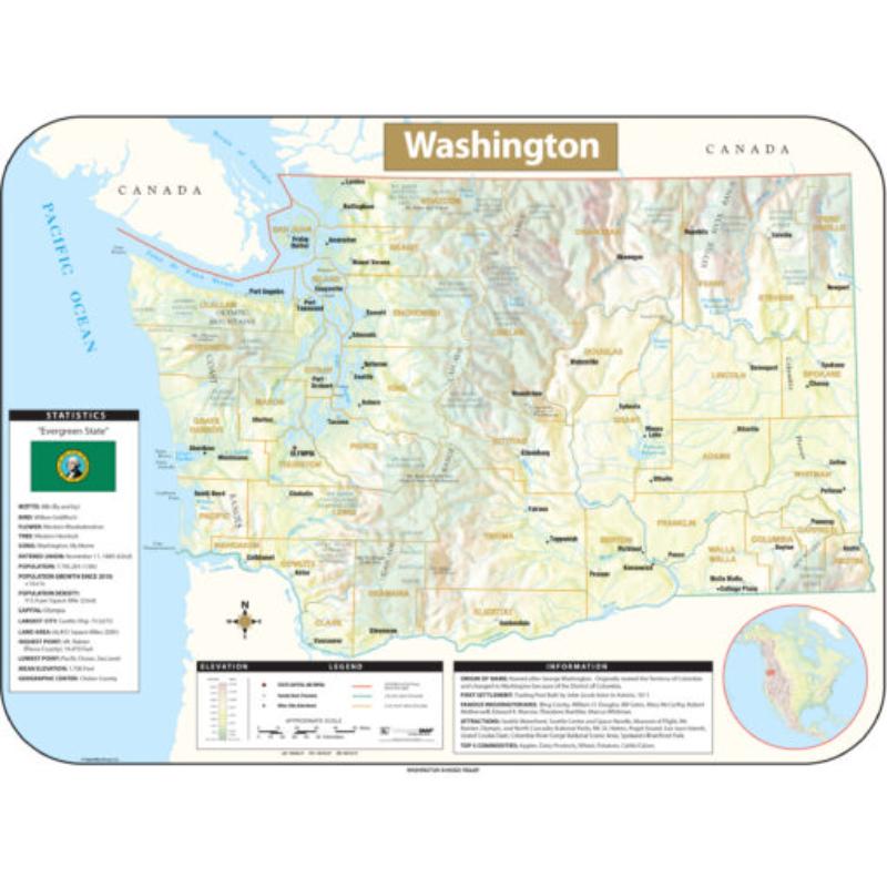 KA-S-WA-SHR-63x47-springroller-sr Washington Shaded Relief State Wall Map, Laminated - Spring Roller - Published 2016 - 63 x 47.5 in.