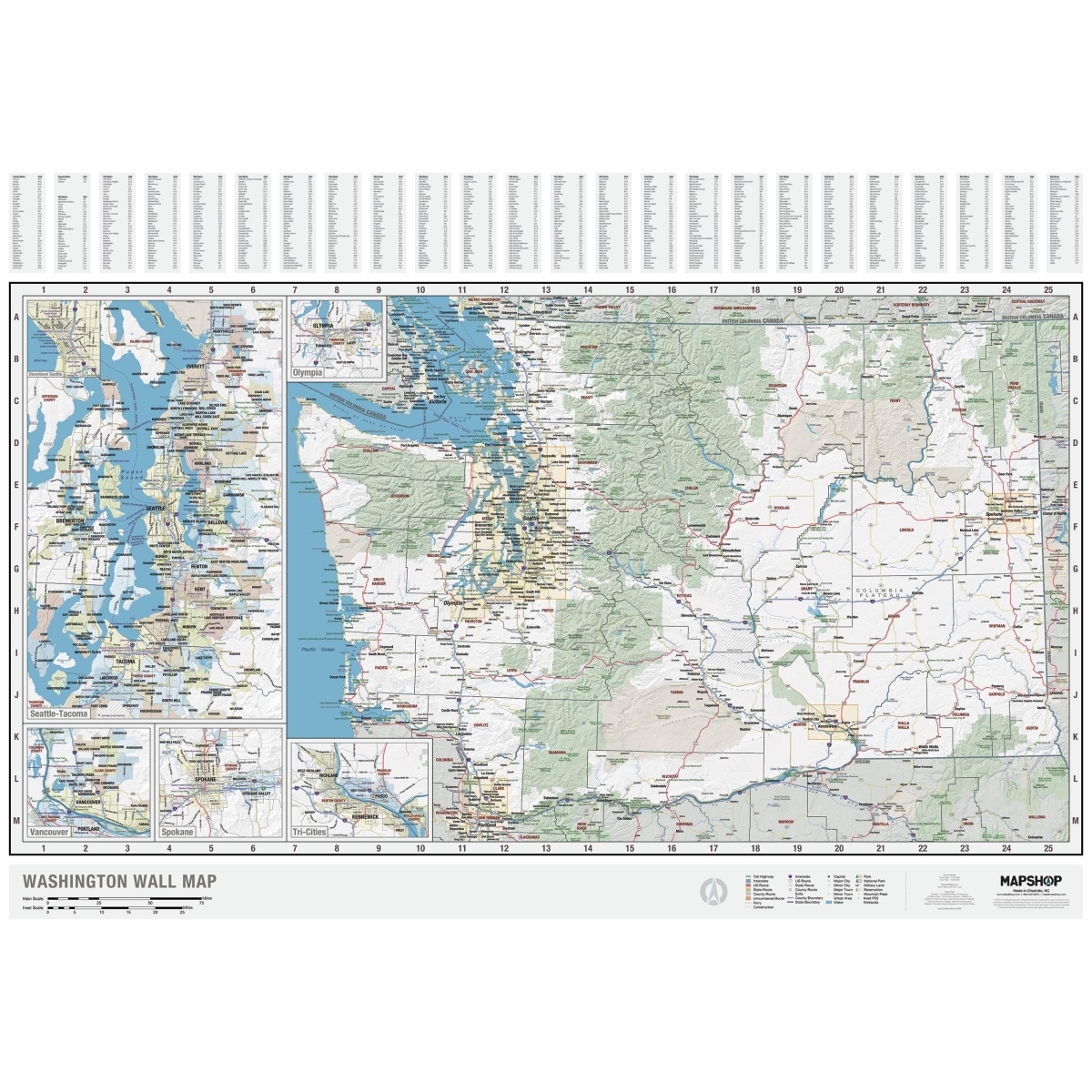 KA-S-WA-WALL-lam-rails-black Washington State Wall Map, Laminated with Rails - Black Molding - Published 2022 - 62 x 42 in.