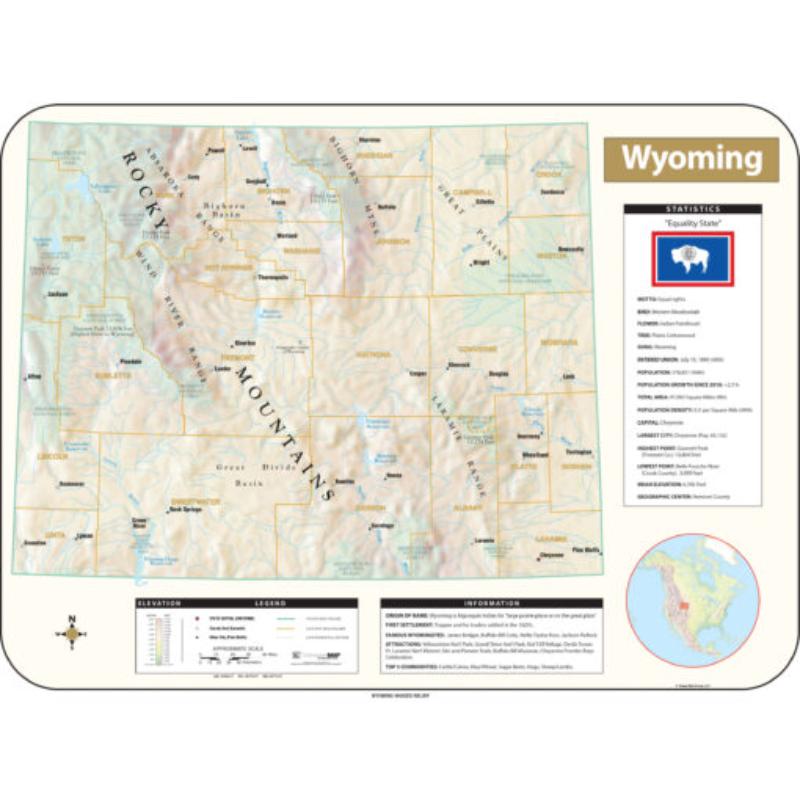 KA-S-WY-SHR-63x47-springroller-sr Wyoming Shaded Relief State Wall Map, Laminated - Spring Roller - Published 2016 - 63 x 47.5 in.
