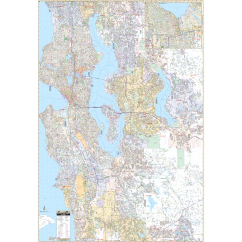 KA-C-WA-SEATTLE-lam-rails-black Seattle, WA Wall Map, Laminated with Rails - Black Molding - 54 x 78.5 in.