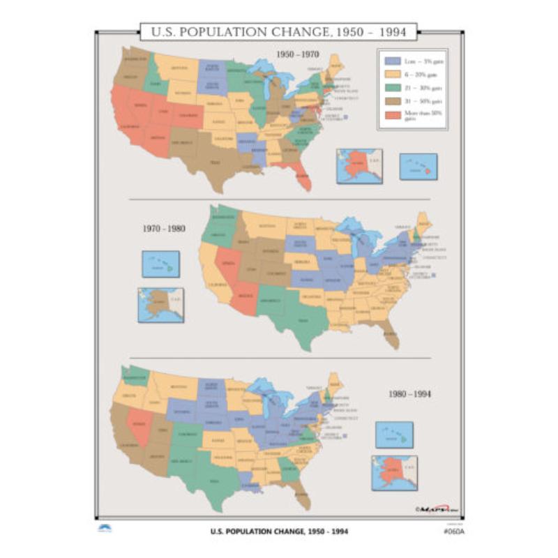 KA-HIST-060A-springroller-sr No.060A US Population Changes, 1950-1994 Map, Laminated - Spring Roller - Published 2005 - 36 x 49.75 in.