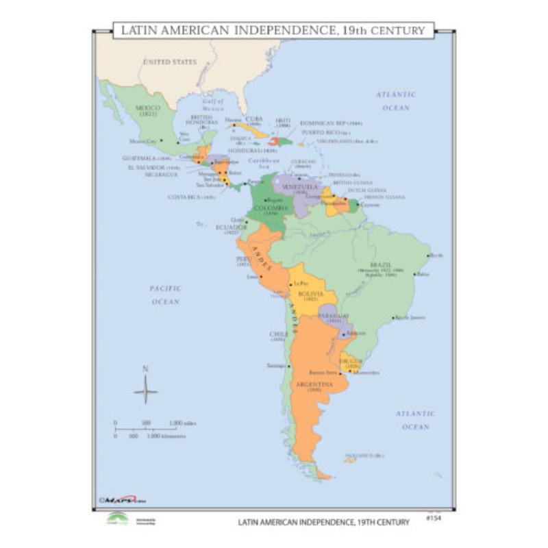 KA-HIST-154-springroller-sr No.154 Latin American Independence, 19th Century Map, Laminated - Spring Roller - Published 2005 - 36 x 49.75 in.