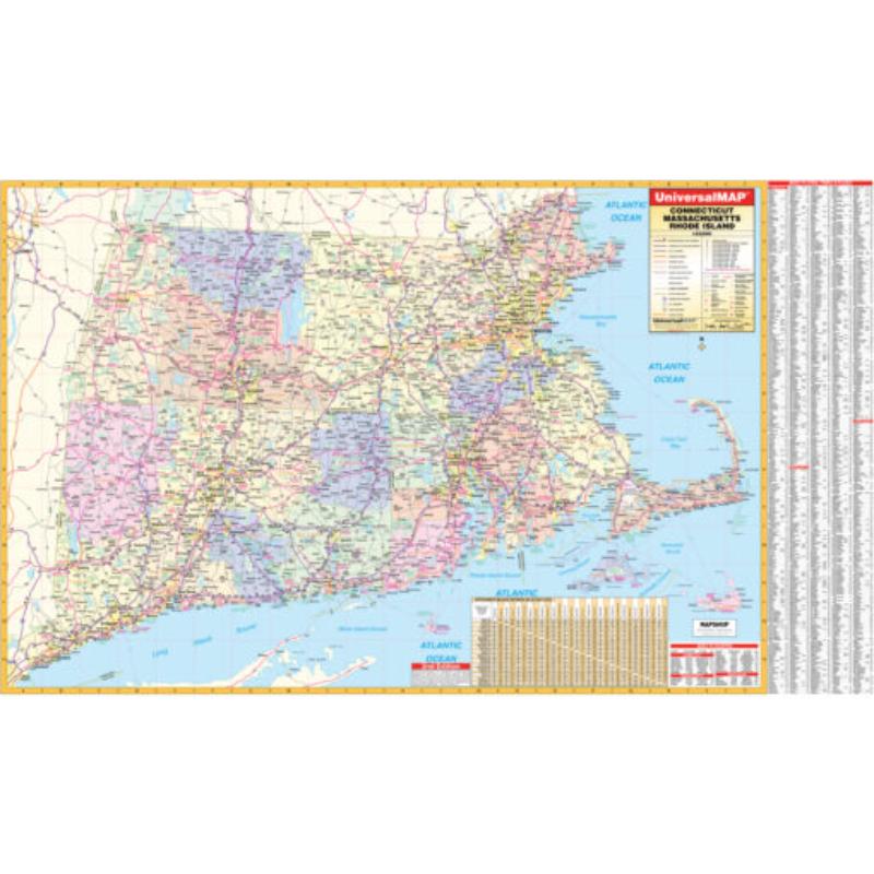 Connecticut, Rhode Island & Massachusetts Regional Wall Map, Laminated - Spring Roller - Published 2006 - 66 x 39 in.