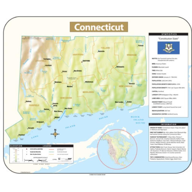 KA-S-CT-SHR-49x42-lam-rails-walnut Connecticut Shaded Relief State Wall Map, Laminated with Rails - Walnut Molding - 49 x 42 in.