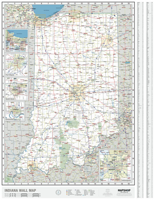 KA-S-IN-WALL-lam-rails-black Indiana State Wall Map, Laminated with Rails - Black Molding - Published 2023 - 50 x 62 in.
