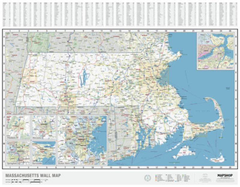 KA-S-MA-WALL-springroller-sr Massachusetts State Wall Map, Laminated - Spring Roller - Published 2022 - 63 x 42 in.