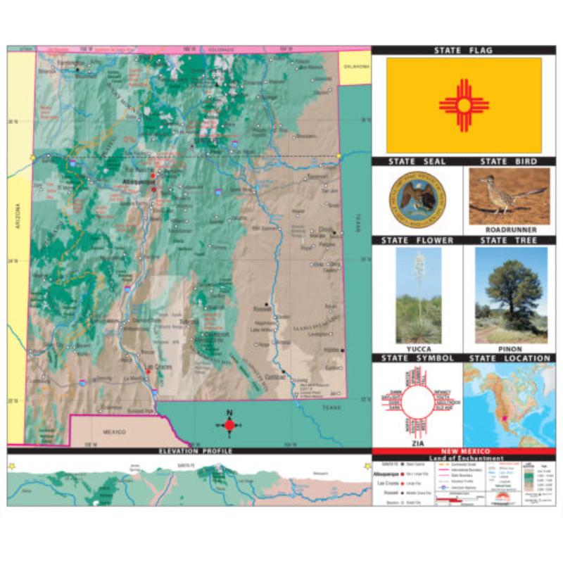 KA-S-NM-PRMRY-lam-rails-walnut Mexico Primary Thematic State Wall Map, Laminated with Rails - Walnut Molding - 63 x 54 in.