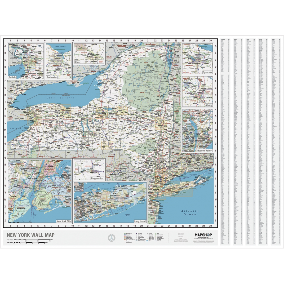 KA-S-NY-WALL-lam-rails-black York State Wall Map, Laminated with Rails - Black Molding - Published 2021 - 62 x 42 in.