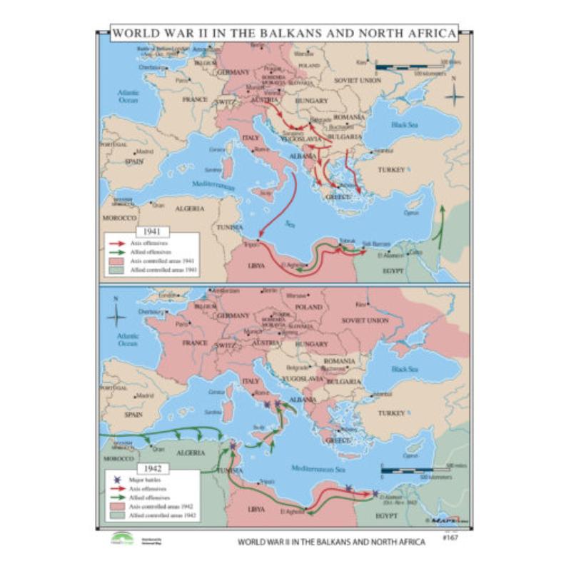KA-HIST-167-springroller-sr No.167 World War II in the Balkans & North Africa Map, Laminated - Spring Roller - Published 2005 - 36 x 49.75 in.