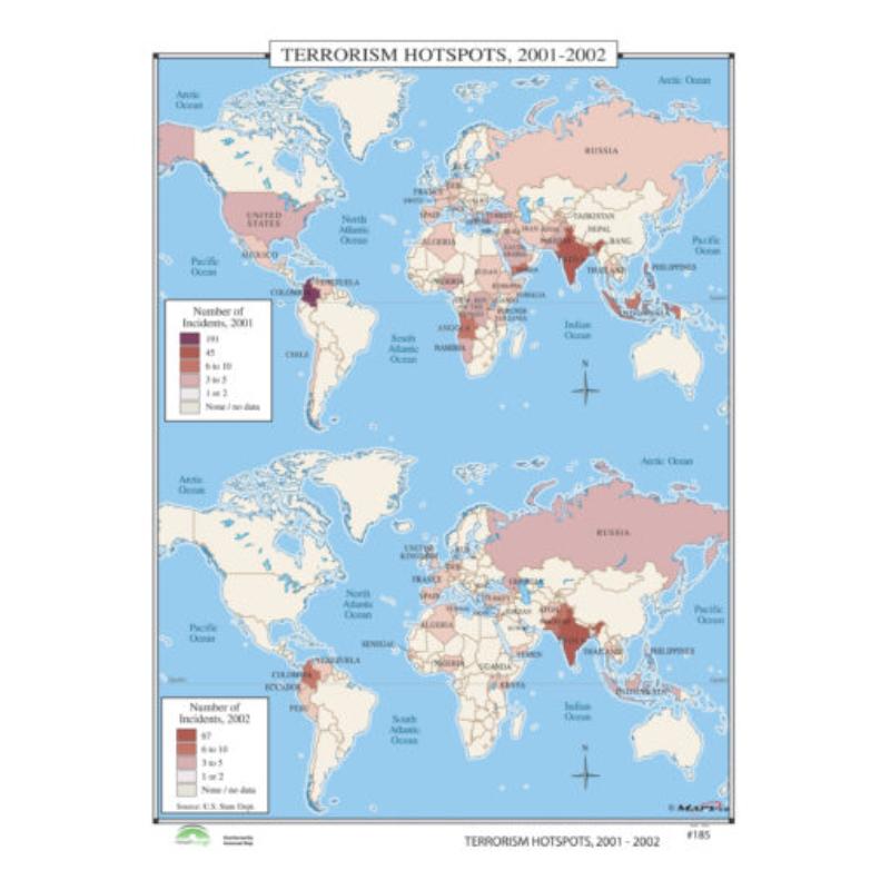 KA-HIST-185-springroller-sr No.185 Terrorism Hotspots, 2001-2002 Map, Laminated - Spring Roller - Published 2005 - 36 x 49.75 in.
