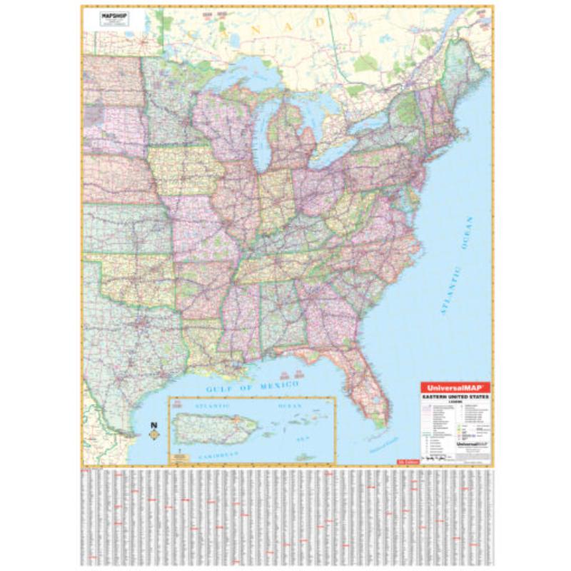 KA-R-US-EASTERN-lam-rails-black Eastern United States Regional Wall Map, Laminated with Rails - Black Molding - 49 x 66 in.