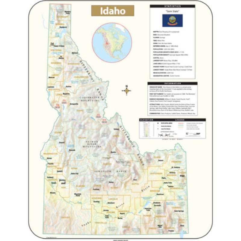KA-S-ID-SHR-42x54-lam-rails-walnut Idaho Shaded Relief State Wall Map, Laminated with Rails - Walnut Molding - 42 x 54 in.
