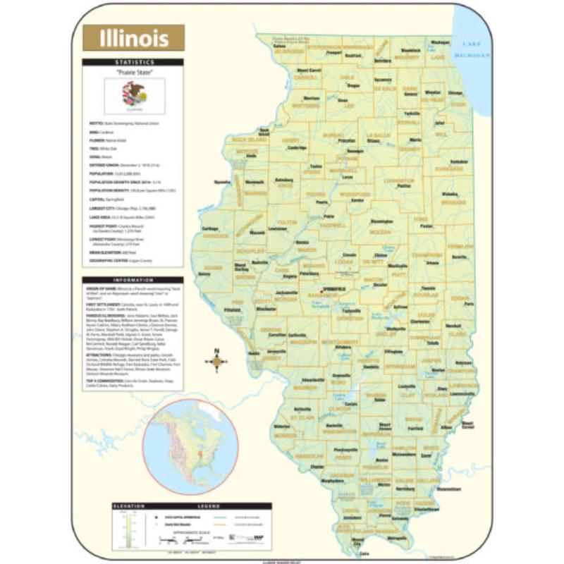 KA-S-IL-SHR-42x55-lam-rails-walnut Illinois Shaded Relief State Wall Map, Laminated with Rails - Walnut Molding - 42 x 55.25 in.