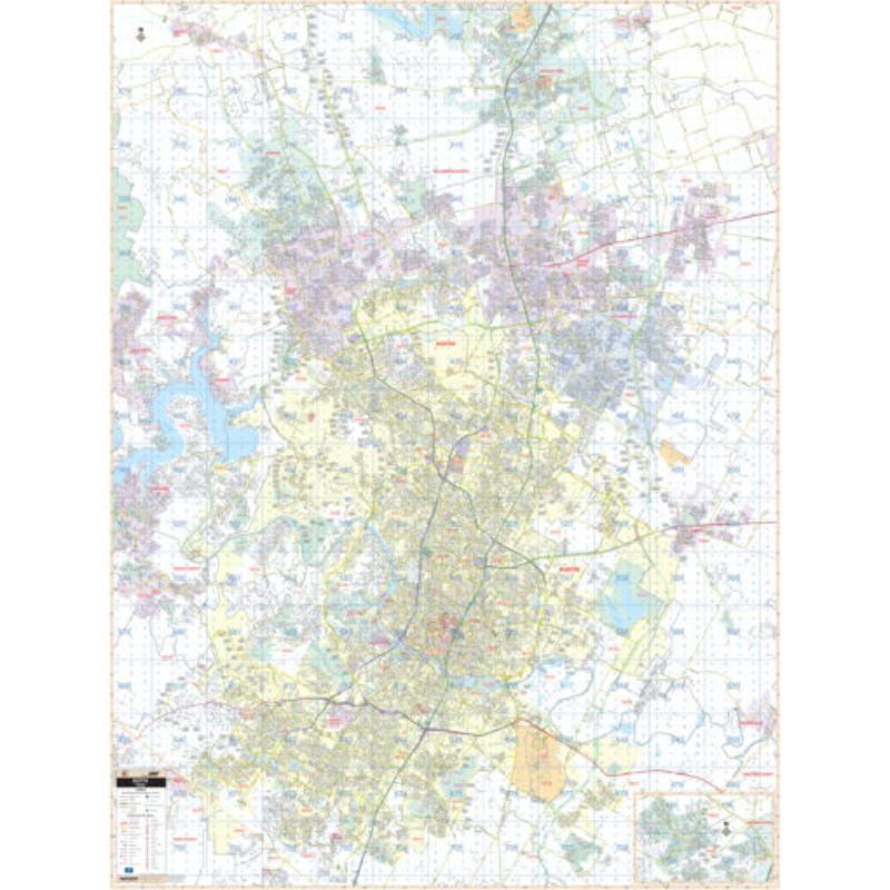 KA-C-TX-AUSTIN-lam-rails-walnut Austin, TX Wall Map, Laminated with Rails - Walnut Molding - 57 x 75.25 in.