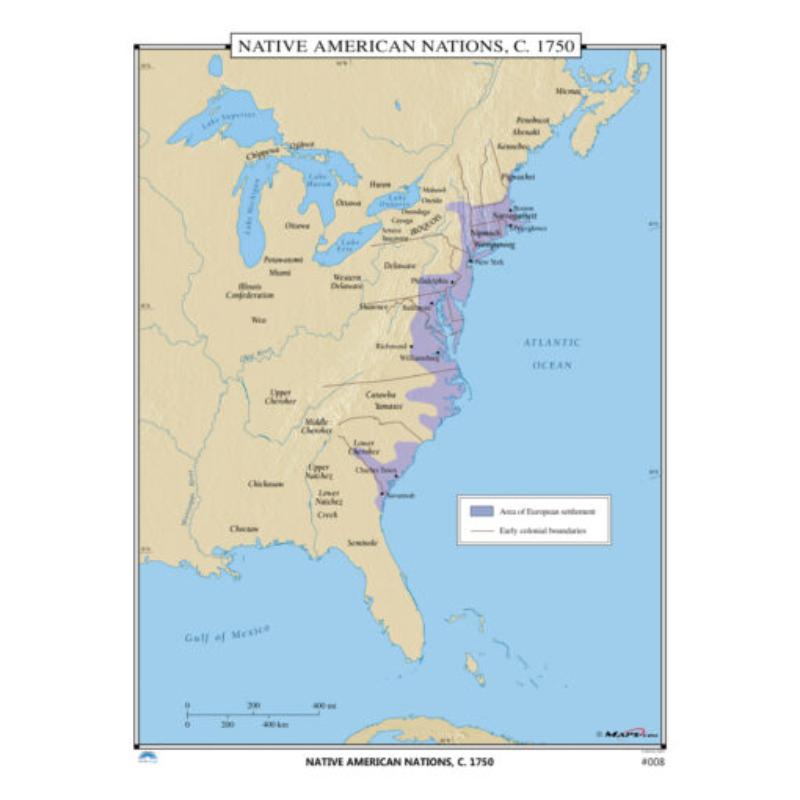 KA-HIST-008-springroller-sr No.008 Native American Nations, 1750 Map, Laminated - Spring Roller - Published 2005 - 36 x 49.75 in.