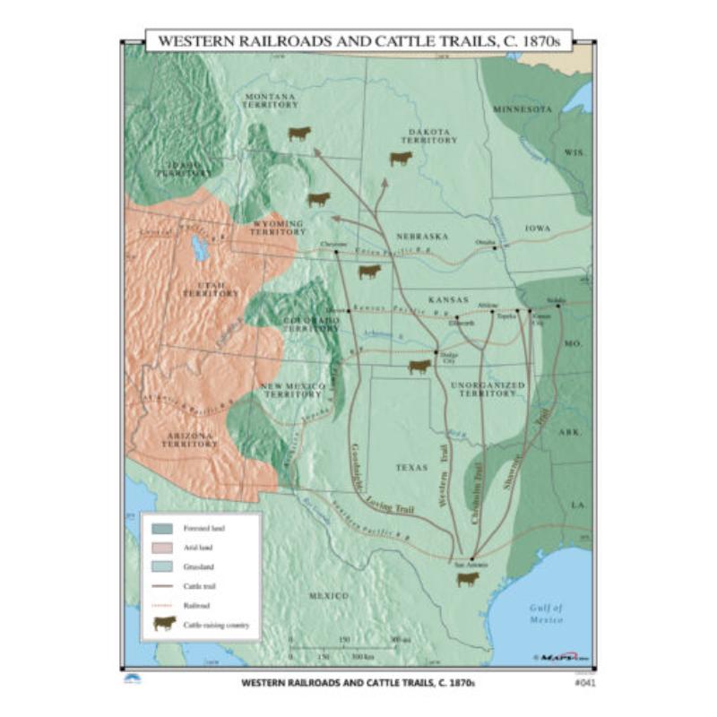 KA-HIST-041-springroller-sr No.041 Western Railroads & Cattle Trails, 1870s Map, Laminated - Spring Roller - Published 2005 - 36 x 49.75 in.