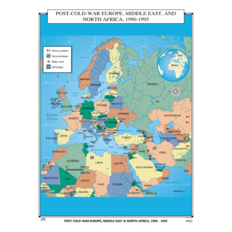 No.063 Post-Cold War Europe, Middle East, & North Africa, 1990-1995 Map, Laminated - Spring Roller - Published 2005 - 36 x 49.75 in.