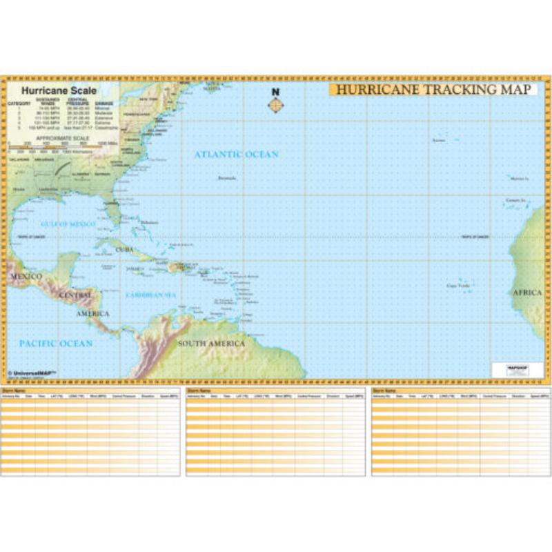 KA-HURRICANE-lam-rails-walnut Hurricane Tracking Chart Wall Map, Laminated with Rails - Walnut Molding - 64 x 50 in.