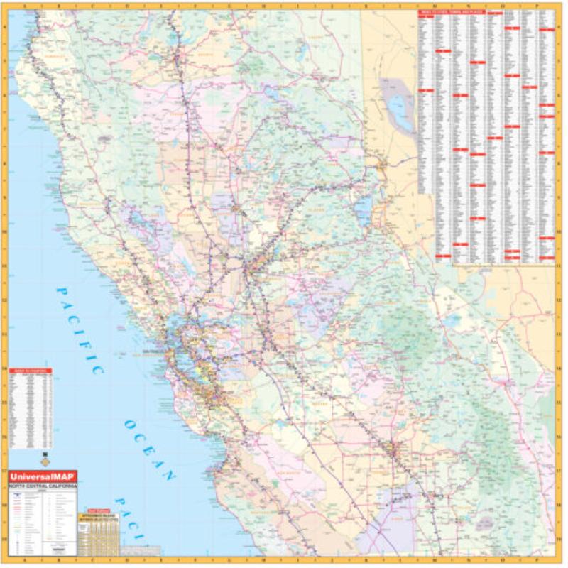 KA-R-CA-NORTHCENTRAL-lam-rails-walnut North Central California Regional Wall Map, Laminated with Rails - Walnut Molding - 54 x 54 in.