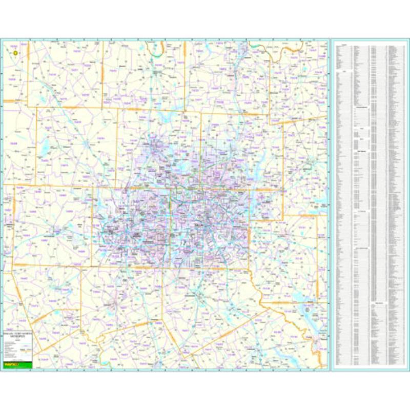 North Central Texas Regional Wall Map with Zip Codes Map, Laminated with Rails - Walnut Molding - 42 x 35 in.