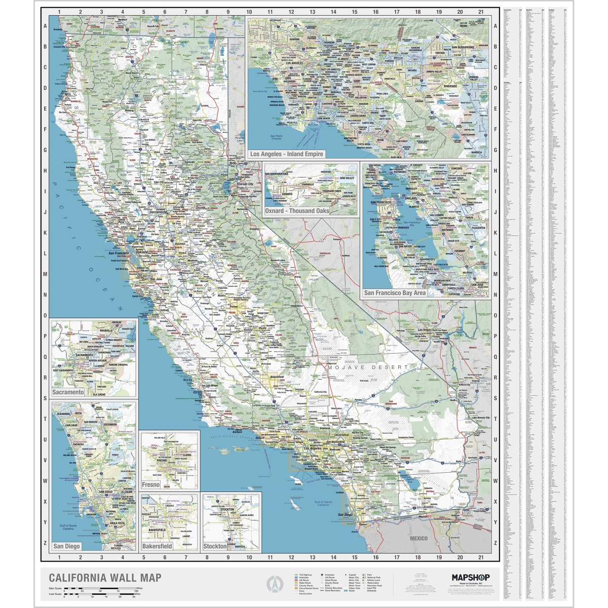 KA-S-CA-WALL-lam-rails-walnut California State Wall Map, Laminated with Rails - Walnut Molding - Published 2022 - 54 x 59.5 in.